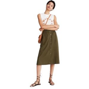 Madewell Paperbag Button-Front Midi Skirt Linen Blend Olive Green Size Large